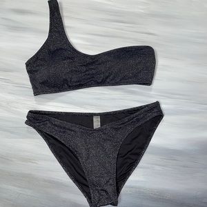 SHEIN - Medium bikini, black sparkle one shoulder swimsuit.